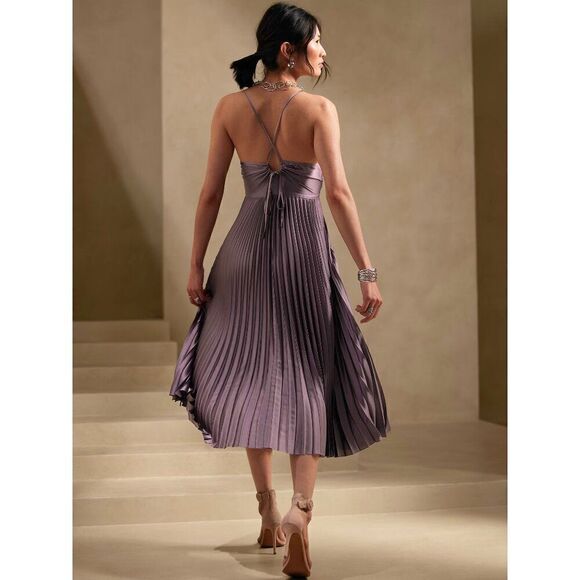 NWT Banana Republic Solaire Dark Cherry Burgundy Strap Pleated Midi Dress - Picture 3 of 6